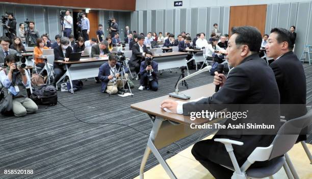 The Constitutional Democratic Party of Japan leader Yukio Edano and secretary general Tetsuro Fukuyama attend a press conference announcing their...