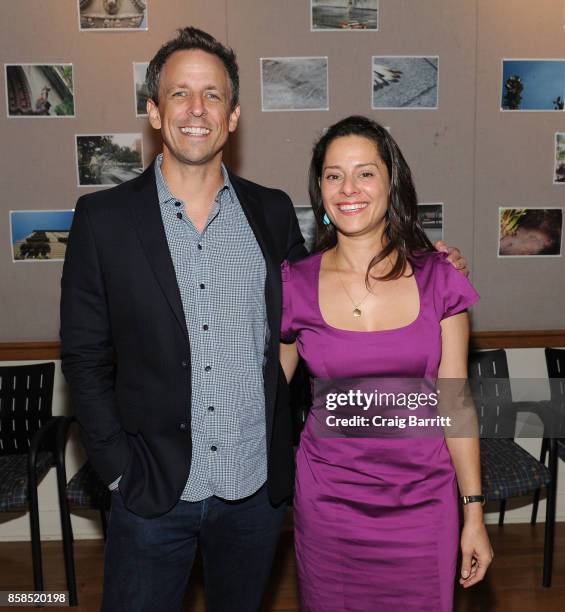 Seth Meyers and Ariel Levy pose backstage during The 2017 New Yorker Festival at New York Society for Ethical Culture on October 6, 2017 in New York...
