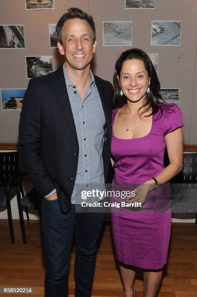 Seth Meyers and Ariel Levy pose backstage during The 2017 New Yorker Festival at New York Society for Ethical Culture on October 6, 2017 in New York...