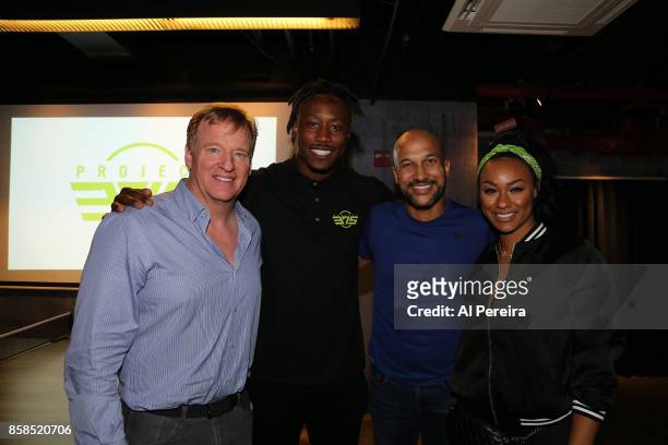 National Football League Commissioner Roger Goodell, New York Giants Wide Receiver Brandon Marshall, Keegan-Michael Key and Michi Marshall attend...