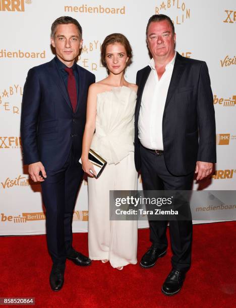 Actors Volker Bruch, Liv Lisa Fries and Peter Kurth attend the premiere of Beta Film's 'Babylon Berlin' at The Theatre at Ace Hotel on October 6,...