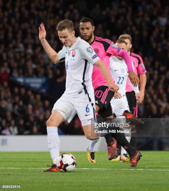 Jan Gregus of Slovakia shoots during g the match between Scotland and Slovakia at Hampden Park on October 5,2017 in Glasgow, Scotland. "n"n
