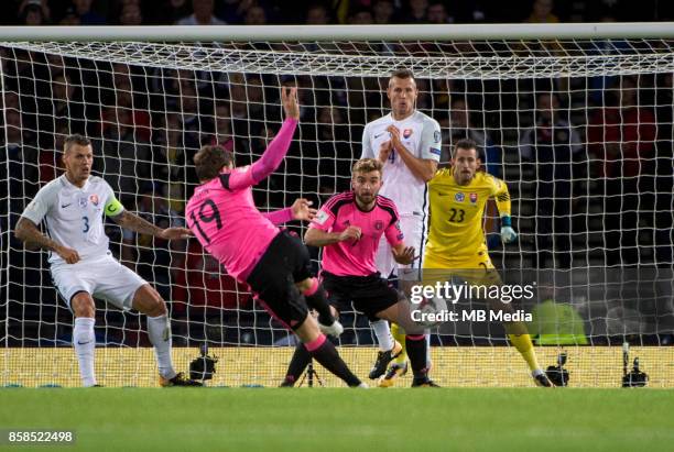 Chris Martin of Scotland shoots during the match between Scotland and Slovakia at Hampden Park on October 5,2017 in Glasgow, Scotland.