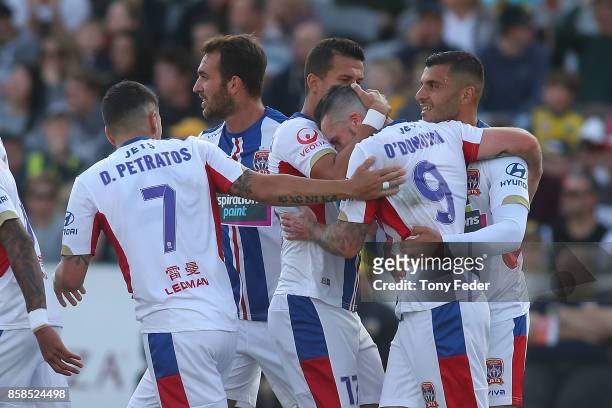 Roy O'Donovan of the Jets celebrates a goal during the round one A-League match between the Central Coast Mariners and the Newcastle Jets at Central...
