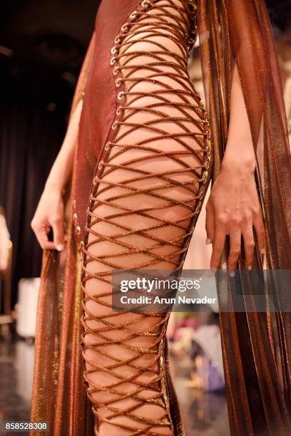 Model backstage in Usama Ishtay at Los Angeles Fashion Week SS18 Art Hearts Fashion LAFW on October 6, 2017 in Los Angeles, California.