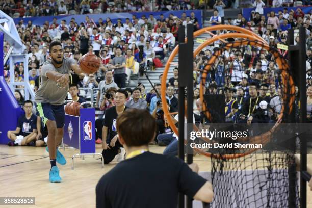 Karl-Anthony Towns of the Minnesota Timberwolves participates during fan day as part of 2017 NBA Global Games China on October 7, 2017 at the...