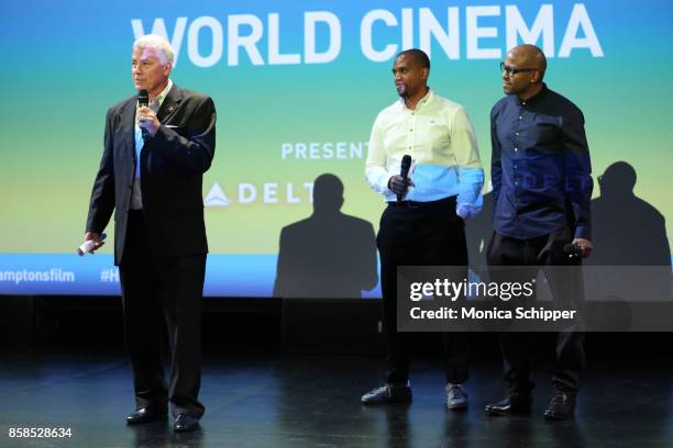 Bryan Poore and Directors Chike Ozah and Coodie speak on stage during the session for "The First To Do It" at Bay Street Theater, 1 during Hamptons...