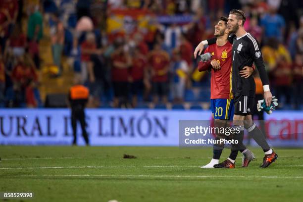 Marcos Asensio and David De Gea during the qualifying match for the World Cup Russia 2018 between Spain and Albaniaat the Jose Rico Perez stadium in...