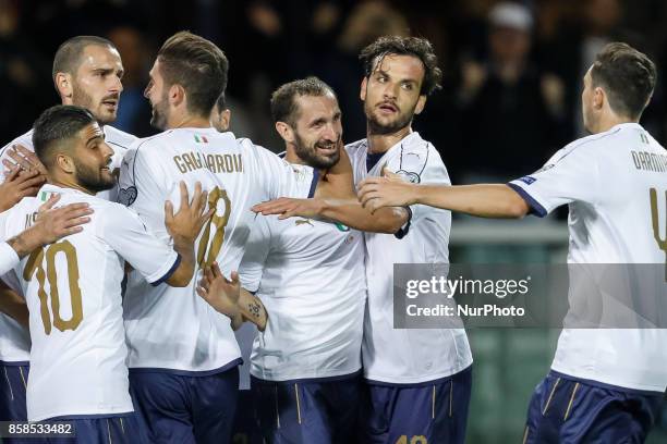 Giorgio Chiellini of Italy national team celebrates his goal with teammates during the 2018 FIFA World Cup Russia qualifier Group G football match...