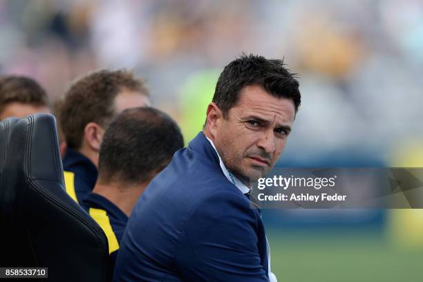 Paul Okon coach of the Mariners looks on during the round one A-League match between the Central Coast Mariners and the Newcastle Jets at Central...