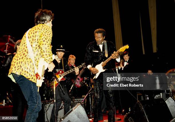 Chuck BERRY and Keith RICHARDS and Neil YOUNG and Jerry Lee LEWIS, Keith Richards, Neil Young, Chuck Berry and Jerry Lee Lewis performing on stage at...