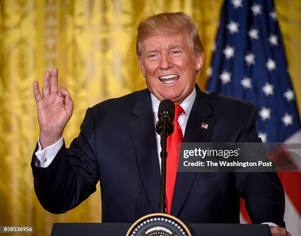 President Donald Trump talks about NAFTA as he holds a joint press conference with President Sauli Niinistö of Finland, on August 2017 in Washington,...