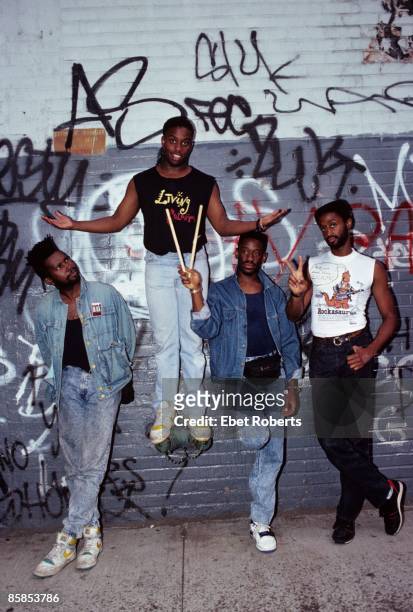 Photo of Will CALHOUN and Vernon REID and Muzz SKILLINGS and LIVING COLOUR and Corey GLOVER; Posed group portrait L-R Vernon Reid, Corey Glover, Will...