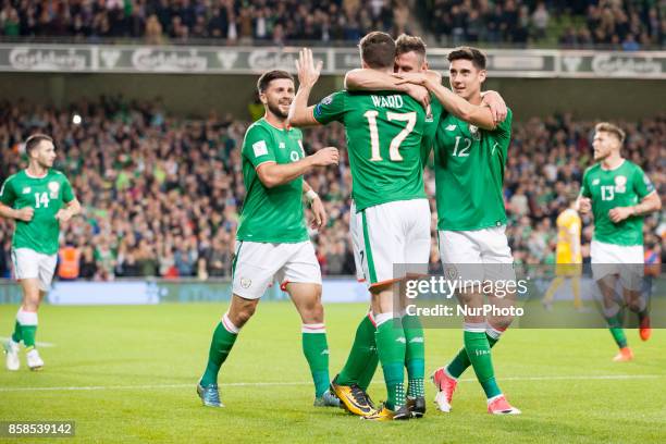 The Irish players celebrate after Daryl Murphy second goal during the FIFA World Cup 2018 Qualifying Round Group D match between Republic of Ireland...