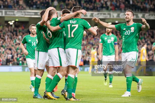 Daryl Murphy of Ireland celebrates after his second goal during the FIFA World Cup 2018 Qualifying Round Group D match between Republic of Ireland...