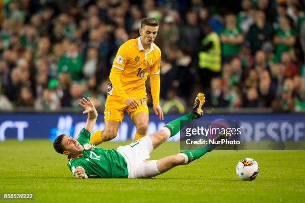 Stephen Ward of Ireland fouled by Sergiu Platica of Moldova during the FIFA World Cup 2018 Qualifying Round Group D match between Republic of Ireland...