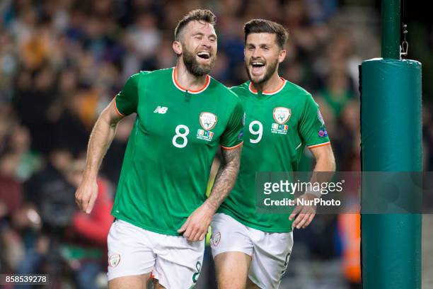 Daryl Murphy and Shane Long of Ireland celebrate after first goal during the FIFA World Cup 2018 Qualifying Round Group D match between Republic of...