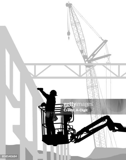 metal frame construction crane - cherry picker stock illustrations