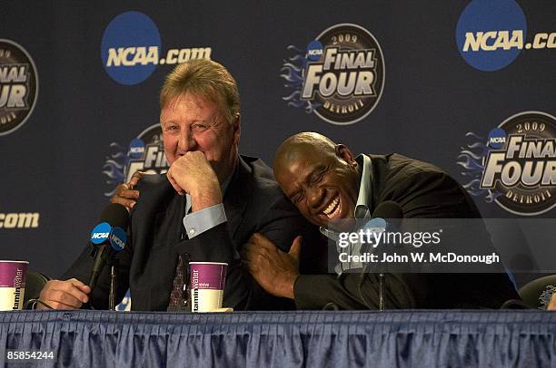 Final Four: Larry Bird and Magic Johnson during media press conference before North Carolina vs Michigan State game at Ford Field. Bird and Johnson...