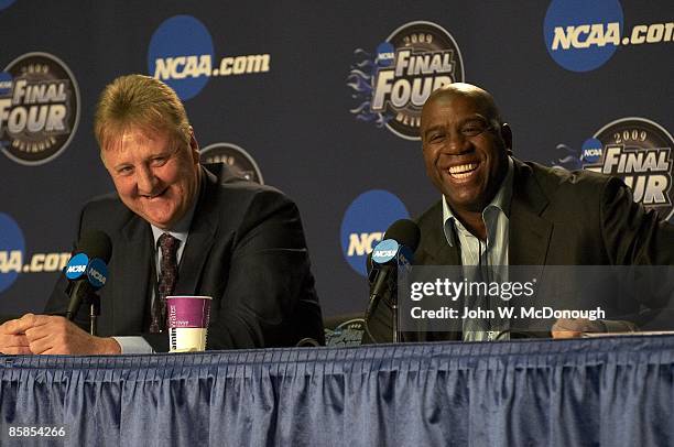 Final Four: Larry Bird and Magic Johnson during media press conference before North Carolina vs Michigan State game at Ford Field. Bird and Johnson...
