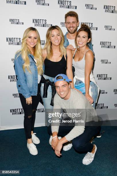 Amanda Stanton, Becca Tilley, Dean Unglert, Nick Viall and Ashley Iaconetti visit Knott's Scary Farm at Knott's Berry Farm on October 6, 2017 in...