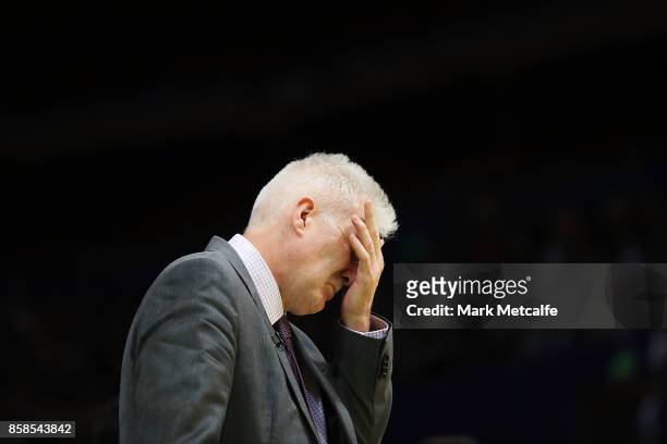 Kings coach Andrew Gaze looks dejected after defeat in the round one NBL match between the Sydney Kings and the Adelaide 36ers at Qudos Bank Arena on...