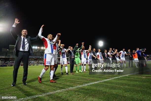 Newcastle Jets team celebrates the win during the round one A-League match between the Central Coast Mariners and the Newcastle Jets at Central Coast...