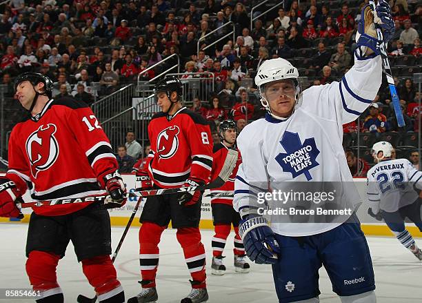 Jeff Hamilton of the Toronto Maple Leafs scores at 11:13 of the first period against the New Jersey Devils on April 7, 2009 at the Prudential Center...