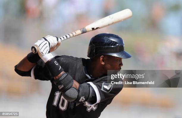 Alexei Ramirez of the Chicago White Sox at bat during a Spring Training game against the Colorado Rockies at Camelback Ranch on March 30, 2009 in...