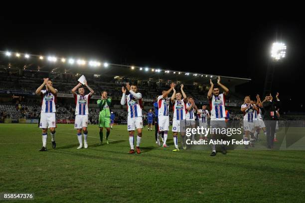 Newcastle Jets team celebrates the win during the round one A-League match between the Central Coast Mariners and the Newcastle Jets at Central Coast...