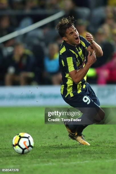 Asdrubal of the Mariners appeals for a free kick during the round one A-League match between the Central Coast Mariners and the Newcastle Jets at...