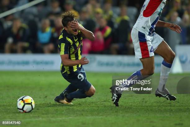 Asdrubal of the Mariners appeals for a free kick during the round one A-League match between the Central Coast Mariners and the Newcastle Jets at...