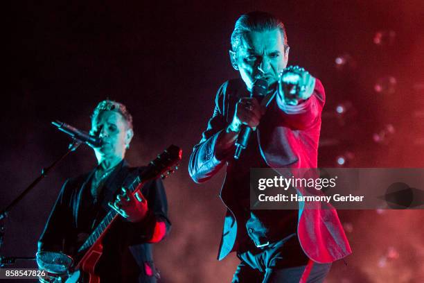 Martin Gore and Dave Gahan of Depeche Mode perform at Mattress Firm Amphitheatre on October 6, 2017 in Chula Vista, California.