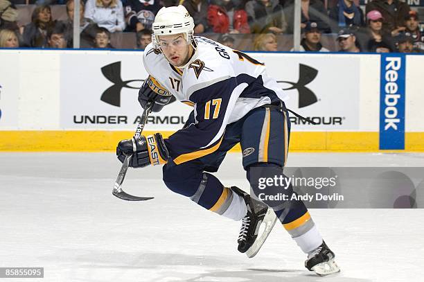 Marc-Andre Gragnani of the Buffalo Sabres follows the play up ice against the Edmonton Oilers at Rexall Place on January 27, 2009 in Edmonton,...