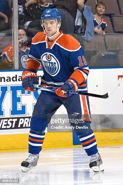 Patrick O'Sullivan of the Edmonton Oilers skates during the game against the Detroit Red Wings at Rexall Place on March 24, 2009 in Edmonton,...