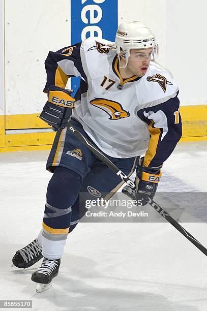 Marc-Andre Gragnani of the Buffalo Sabres skates with the play against the Edmonton Oilers at Rexall Place on January 27, 2009 in Edmonton, Alberta,...