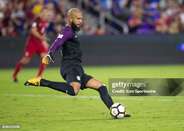 United States goalkeeper Tim Howard clears a goal kick during the World Cup Qualifier soccer match between the USA Mens National Team and Panama...