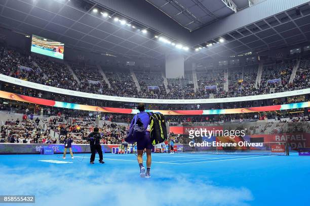 Rafael Nadal of Spain arrives on the court before his MenÕs single semifinal match against Rafael Nadal on day eight of the 2017 China Open at the...