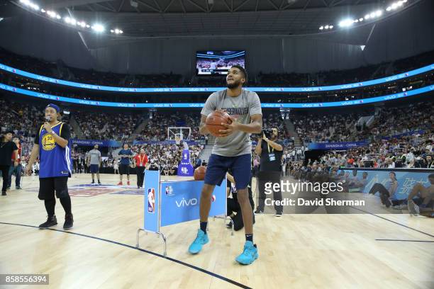 Karl-Anthony Towns of the Minnesota Timberwolves shoots the ball during fan day as part of 2017 NBA Global Games China on October 7, 2017 at the...