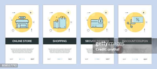 vector illustration of onboarding app screens e-commerce for mobile apps in flat line style - conscious consumption stock illustrations