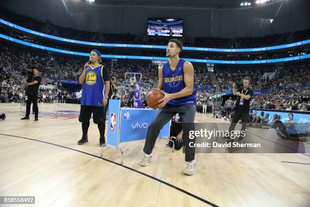 Klay Thompson of the Golden State Warriors shoots the ball during fan day as part of 2017 NBA Global Games China on October 7, 2017 at the Oriental...