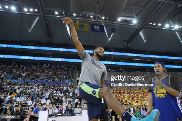 Karl-Anthony Towns of the Minnesota Timberwolves smiles during fan day as part of 2017 NBA Global Games China on October 7, 2017 at the Oriental...