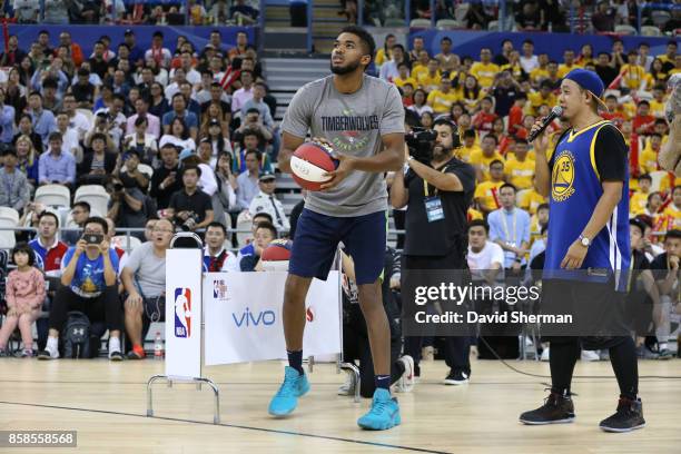 Karl-Anthony Towns of the Minnesota Timberwolves shoots the ball during fan day as part of 2017 NBA Global Games China on October 7, 2017 at the...