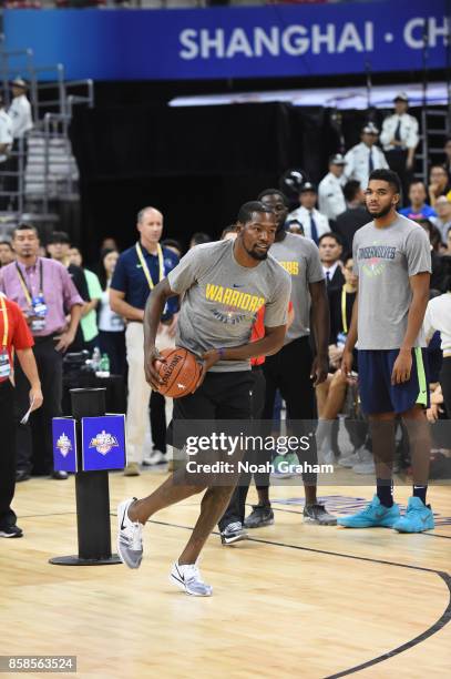 Kevin Durant of the Golden State Warriors dribbles the ball during fan day as part of 2017 NBA Global Games China on October 7, 2017 at the Oriental...