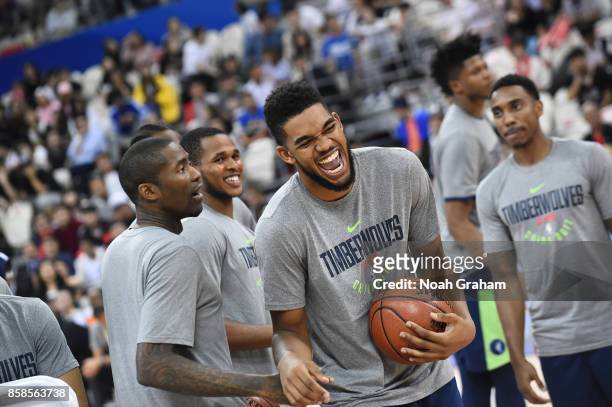 Karl-Anthony Towns of the Minnesota Timberwolves smiles and laughs during fan day as part of 2017 NBA Global Games China on October 7, 2017 at the...