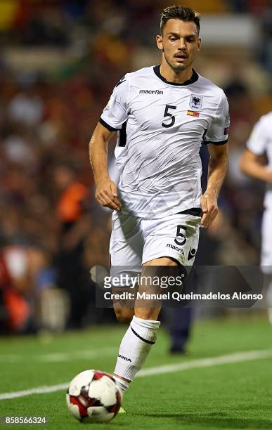 Frederic Veseli of Albania runs with the ball during the FIFA 2018 World Cup Qualifier between Spain and Albania at Rico Perez Stadium on October 6,...