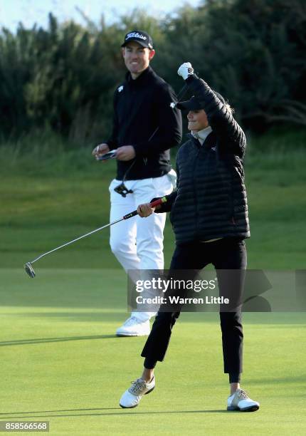 Kelly Rohrbach, Actress celebrates during day three of the 2017 Alfred Dunhill Championship at Kingsbarns on October 7, 2017 in St Andrews, Scotland.