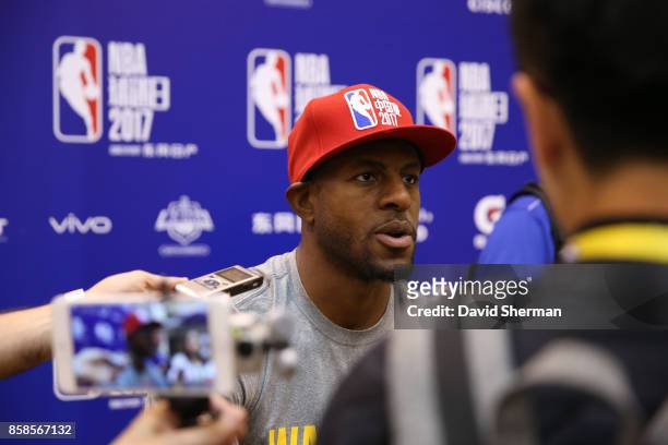 Andre Iguodala of the Golden State Warriors talks to the press during practice and media availability as part of 2017 NBA Global Games China on...