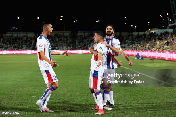 Joseph Champness of the Jets celebrates his goal during the round one A-League match between the Central Coast Mariners and the Newcastle Jets at...