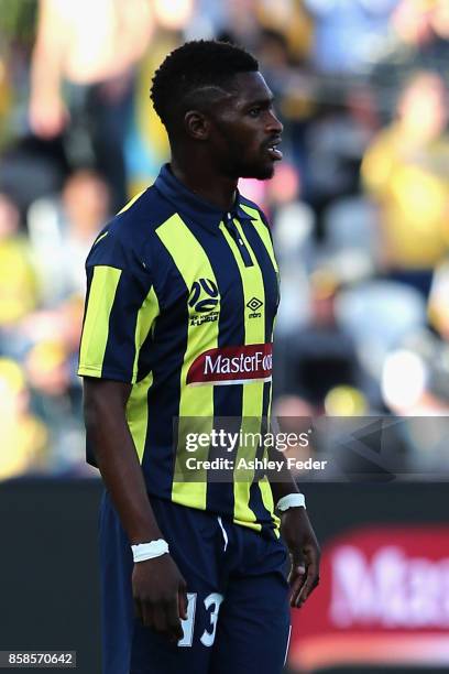 Kwabene Appiah-Kubi of the Mariners looks on during the round one A-League match between the Central Coast Mariners and the Newcastle Jets at Central...